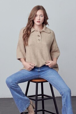 Taupe Oversized 3/4 Polo Sweater