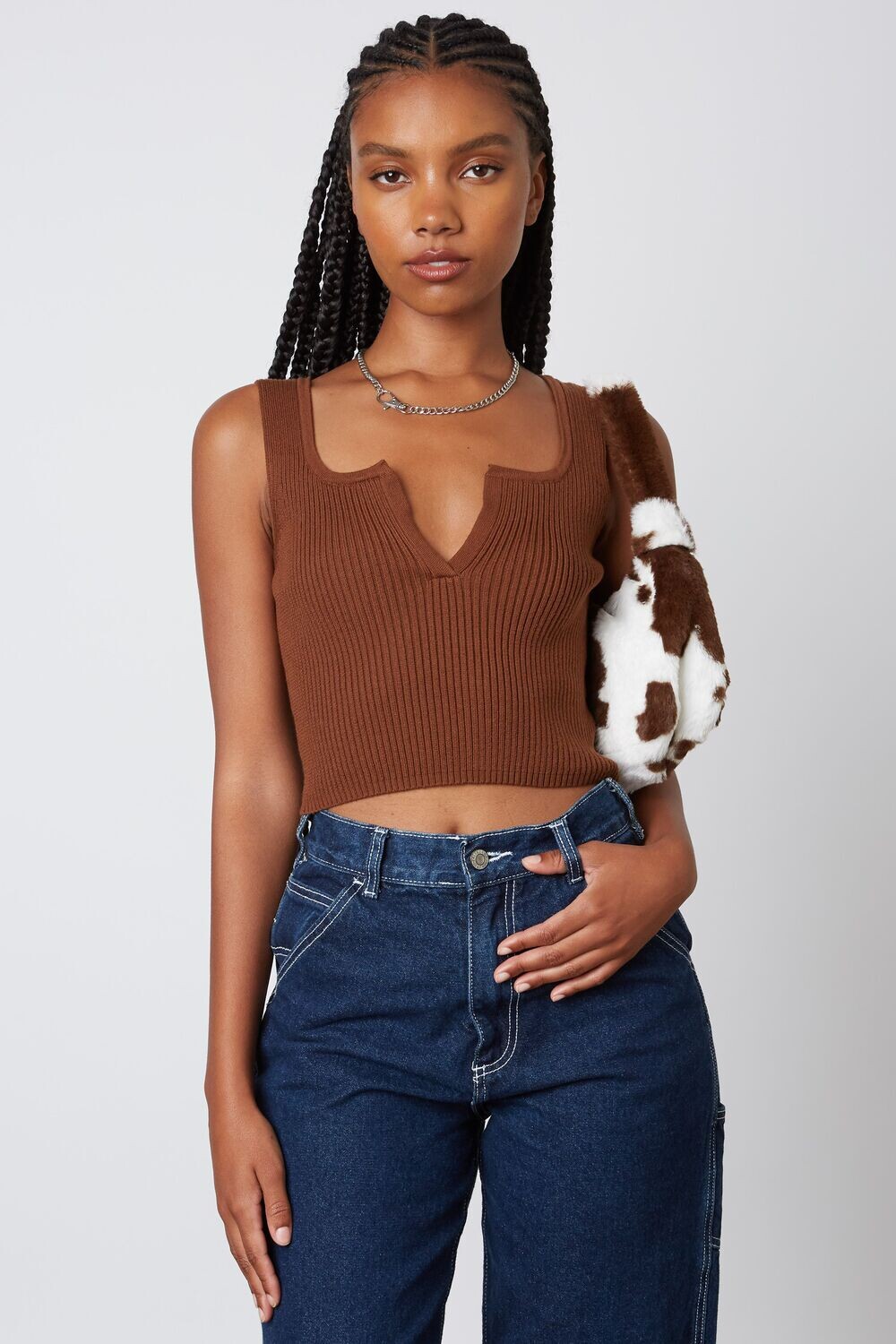 Brown V-Neck Sweater Crop