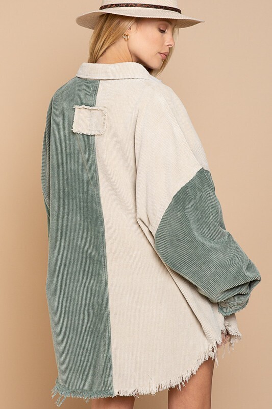 Beige-Olive Color Block Corduroy Jacket
