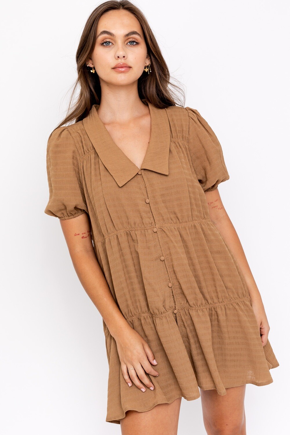 Camel Collared Pleated Dress