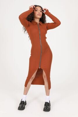 Rust Knit Midi Zipper Dress