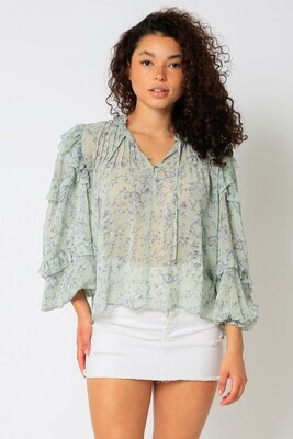 Green-Blue Floral Ruffle Blouse