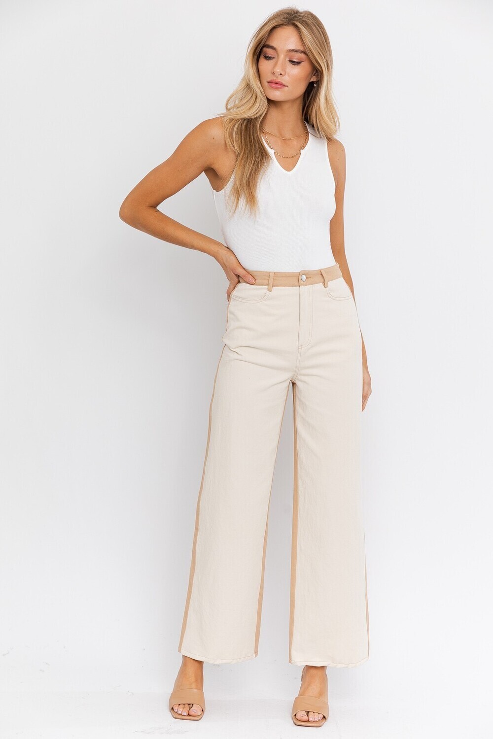Cream-Taupe Color Block Twill Pants
