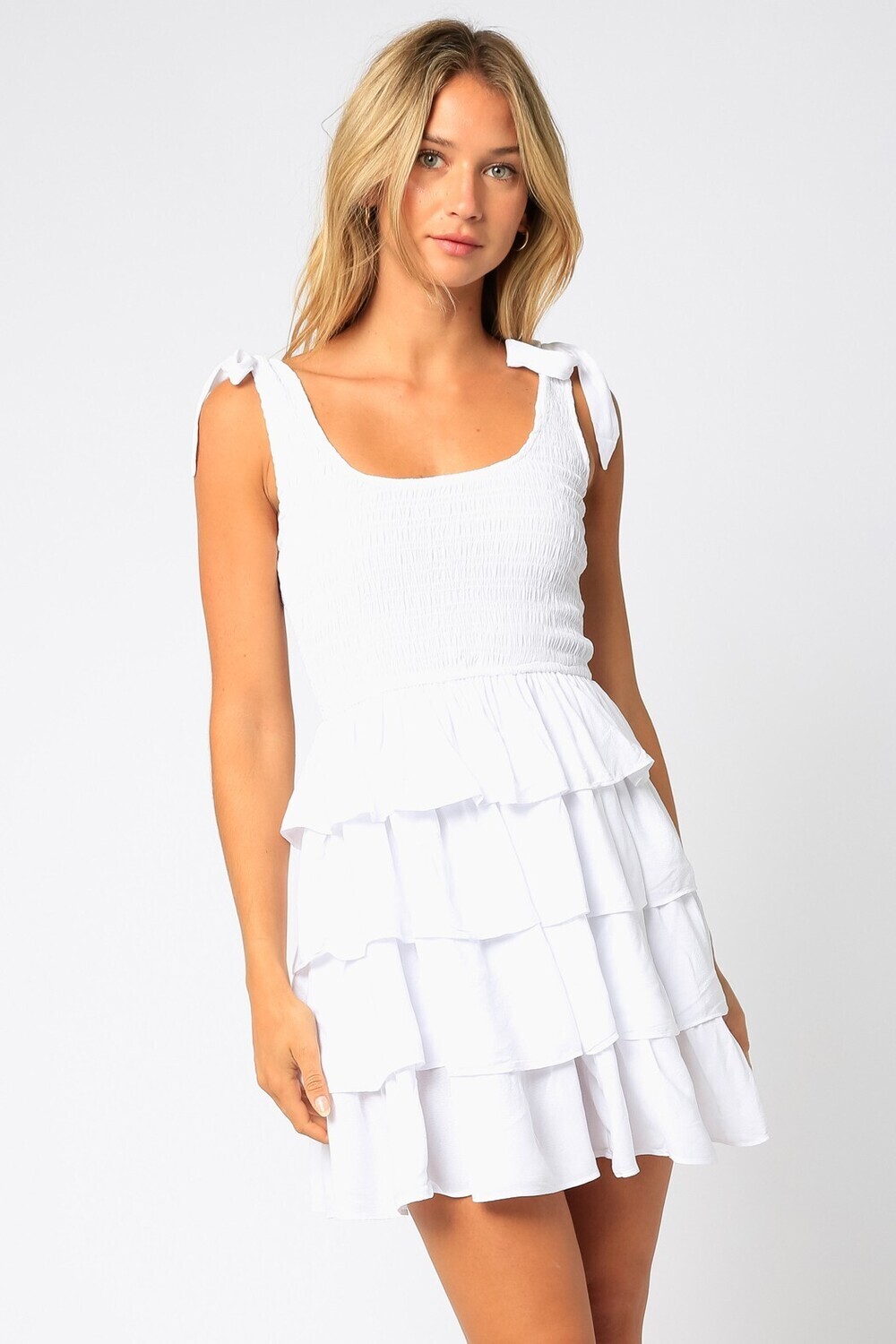 White Scrunch Tiered Dress