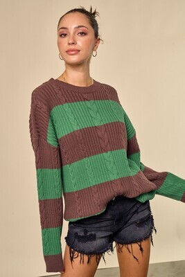 Brown-Green Striped Cable Sweater