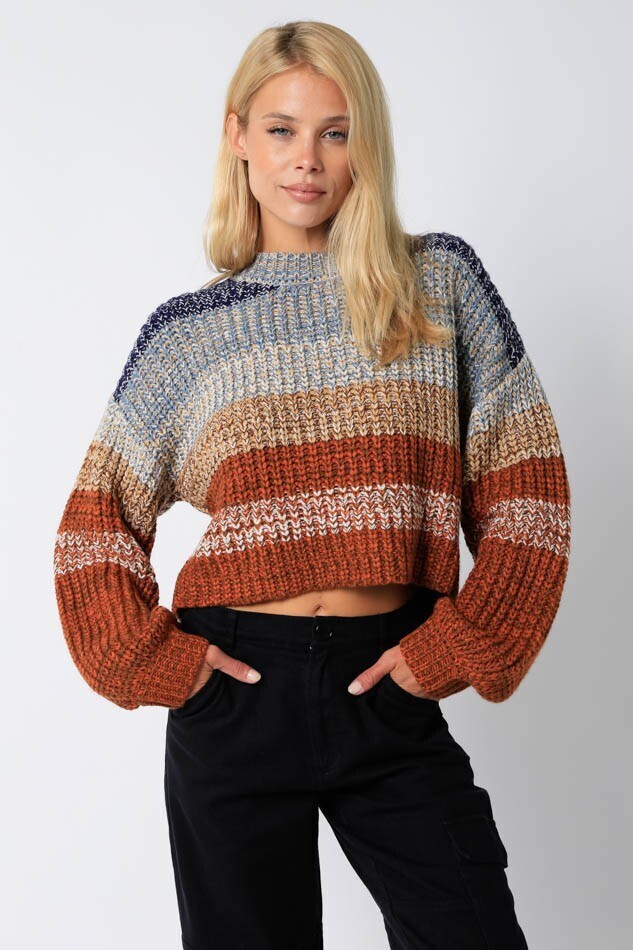 Teal-Brown Striped Knit Sweater