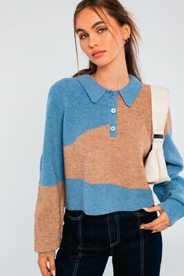 Blue-Beige Collared Sweater
