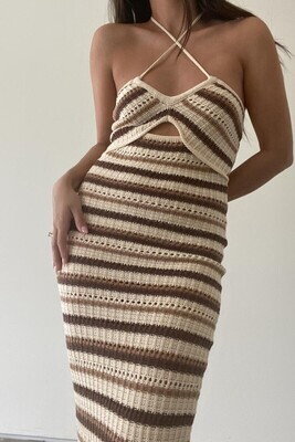 Brown Crochet Striped Halter Dress