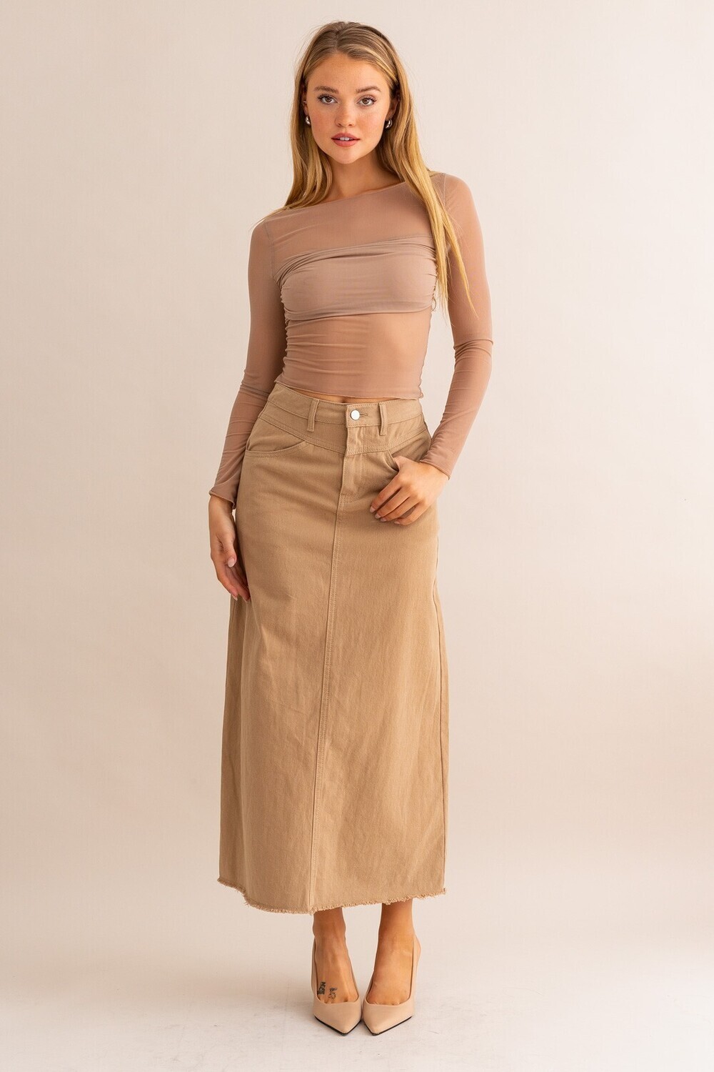 Khaki A-Line Maxi Skirt