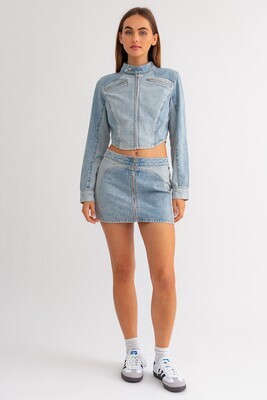 Mid-Rise Denim Zipper Mini Skirt