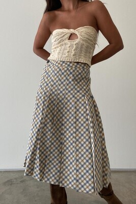 Blue-Brown Plaid Pleated Midi Skirt