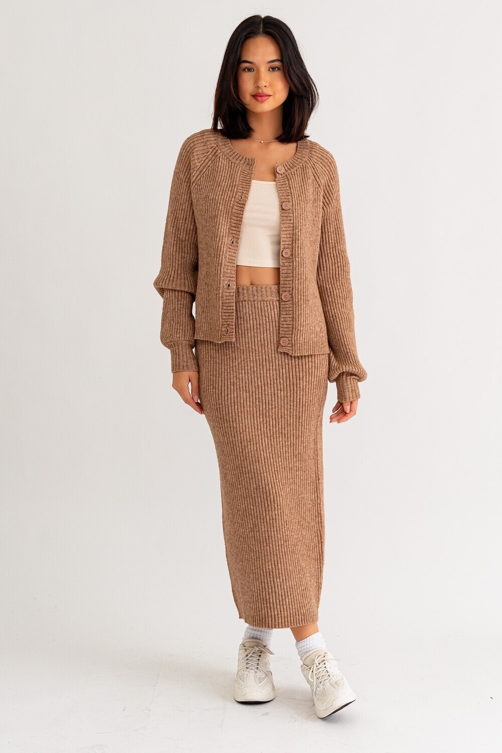 Tan Ribbed Sweater Midi Skirt