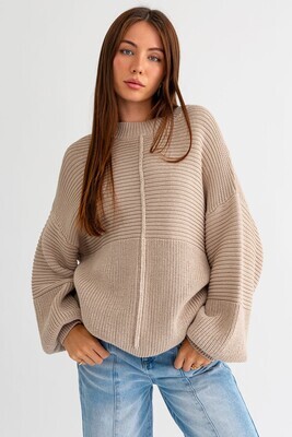 Beige Ribbed Balloon Slv Sweater