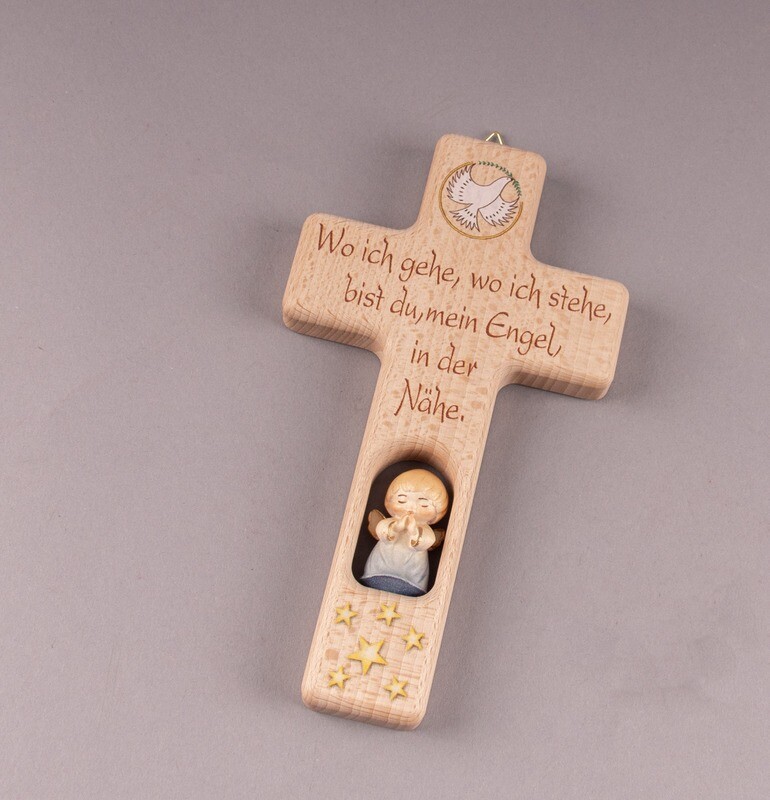 Kinderkreuz &quot;Wo ich gehe, wo ich stehe, bist du mein Engel in der Nähe.&quot; mit blauem Engel