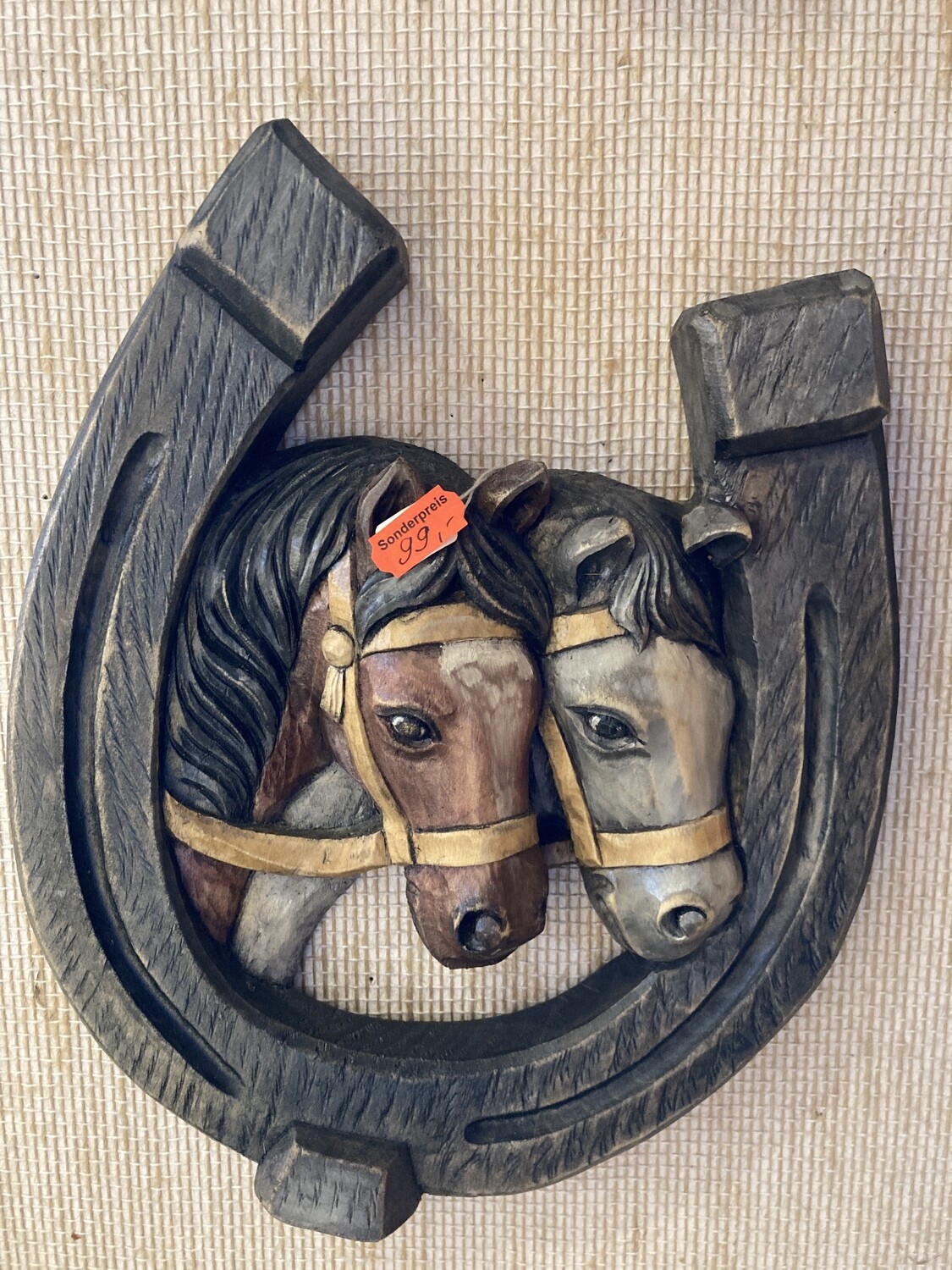 Wandbild "Hufeisen mit 2 Pferdeköpfen" coloriert