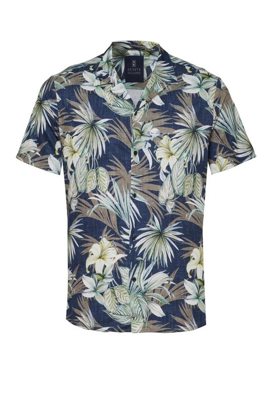 Desoto shirt | korte mouw - Navy met groene Hawaii bloemen