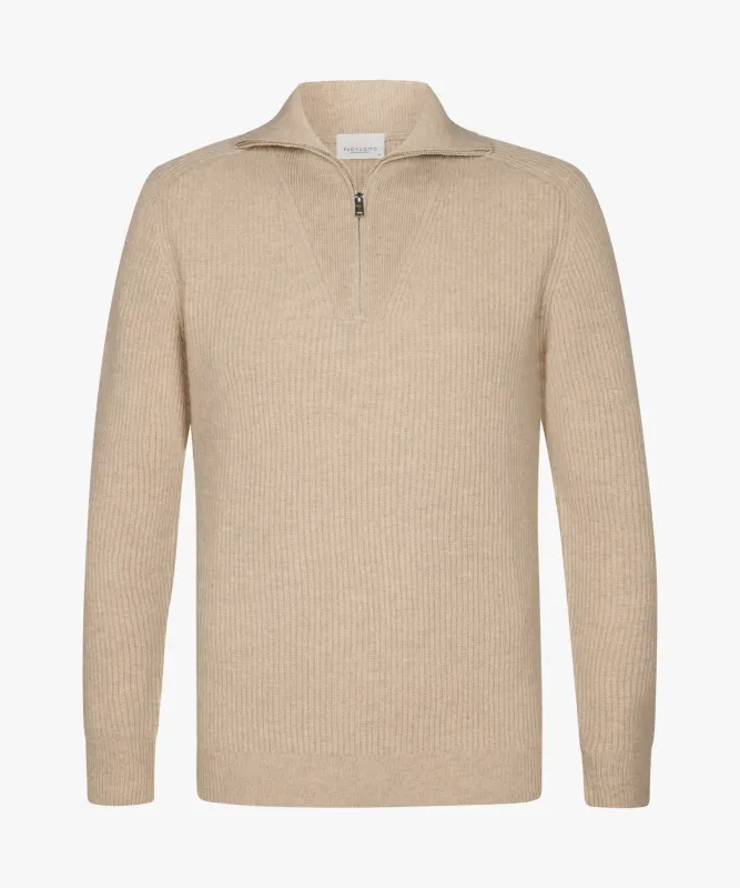 Profuomo wollen halfzip trui - Licht zand