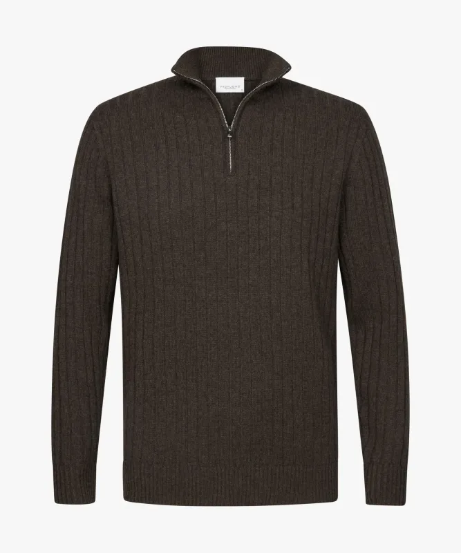 Profuomo wollen rib halfzip trui - Bruin