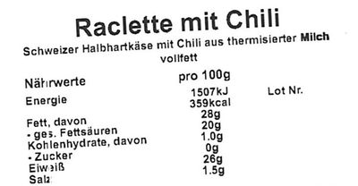 Küssnachter Raclette Käse Chili - laktosefrei (200g / 500g)