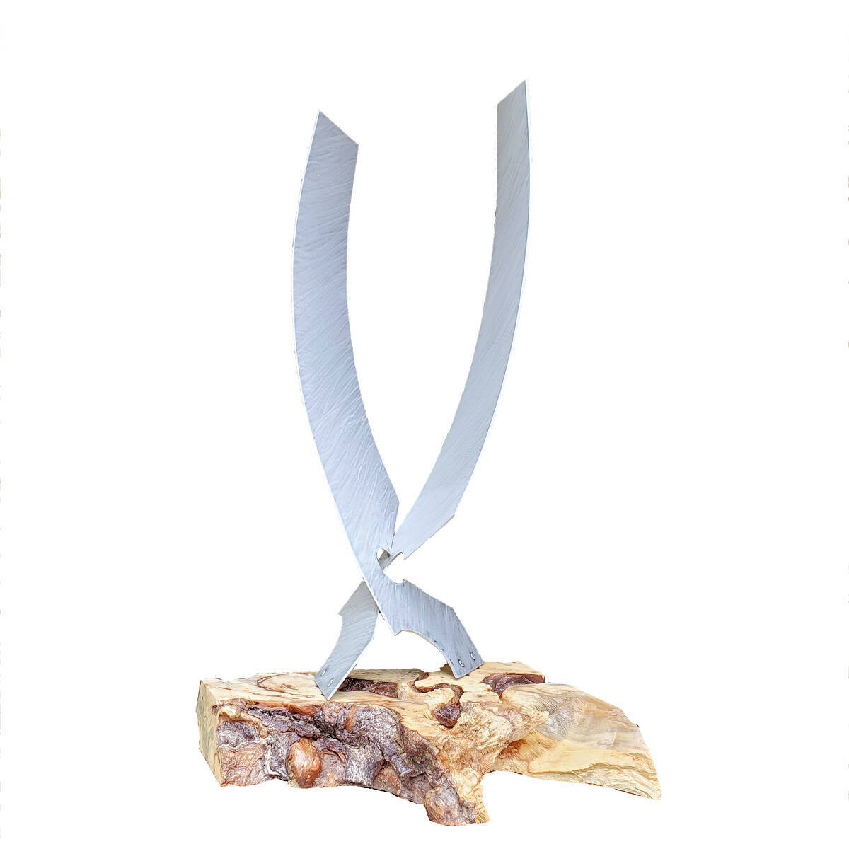 'Valiant' Modern Abstract Metal Sculpture with Burl Wood Base