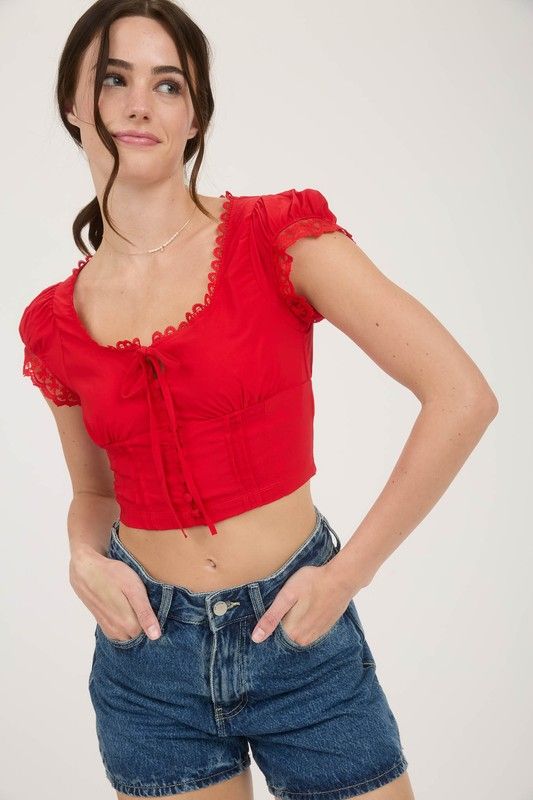 Great America Lace Trim Button Down Front Tie Crop Top