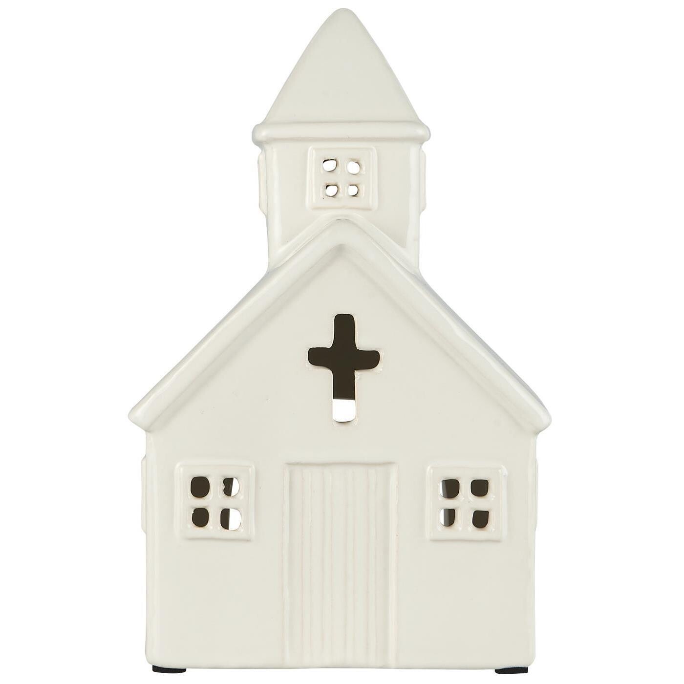 Baznīcas formas svečturis tējas svecēm, baltā krāsā.

Valge keraaminiline kirikut kujutav teeküünlaalus.