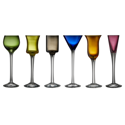 Seks snaps glas medhøj stilk og i seks forskellige farver
