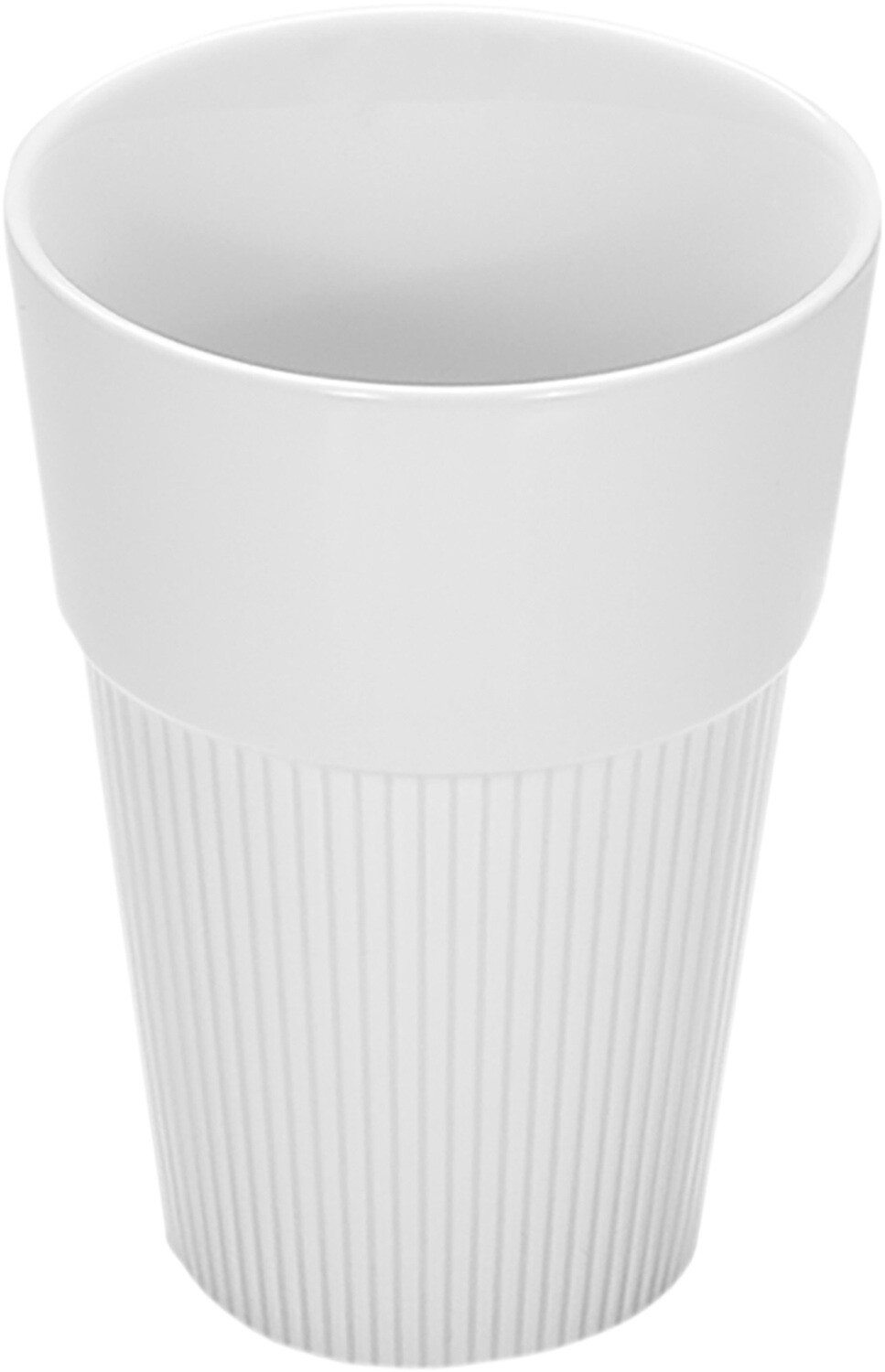 Balta porcelāna krūze, kas piemērota kafijas pasniegšanai.
Valge, ilma sangata, kõrge portselanist kohvitass.