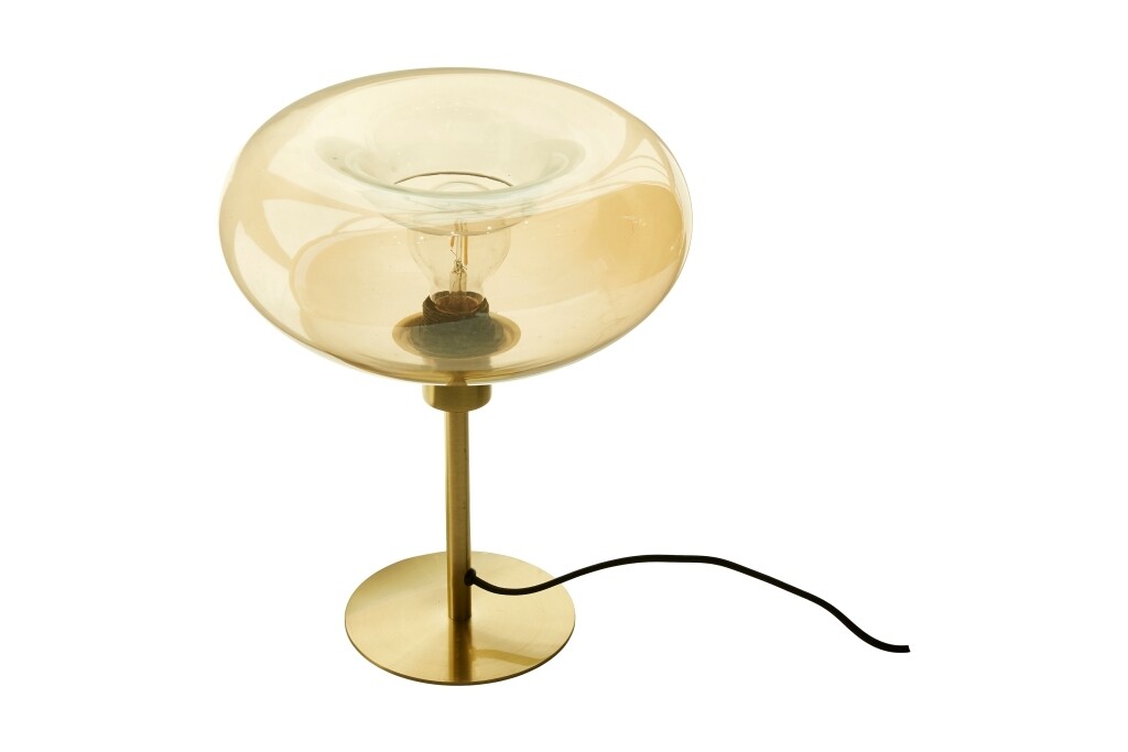 Galda lampa ar stikla kupolu zelta / dzintara krāsā. 
Merevaigukollase kupli ja kuldse metalljalaga laualamp.