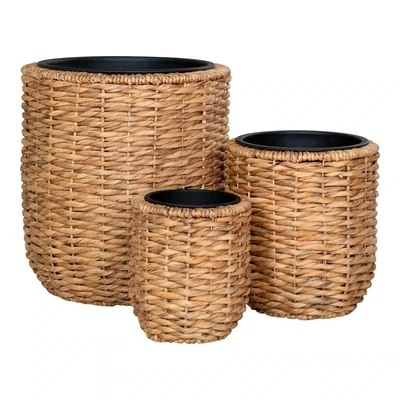 Set of three planters in three different sizes, made in natural water hyacinth material