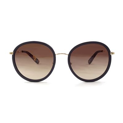 Round black sunglasses with a gold frame.