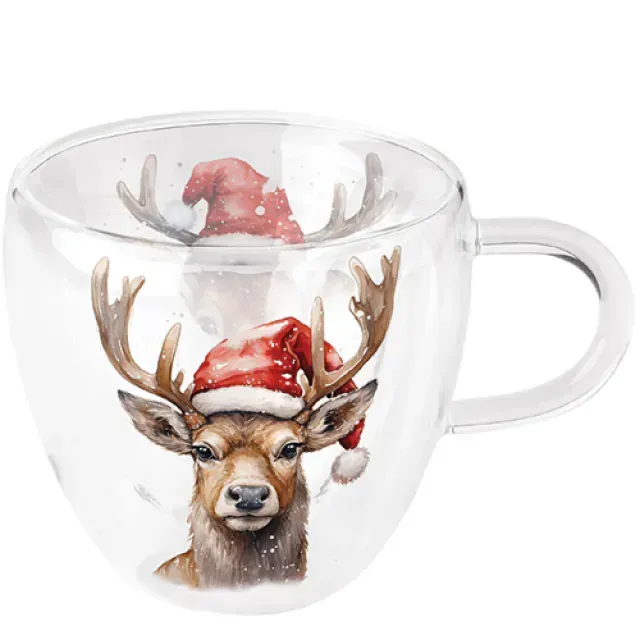 Ambiente doppelwandiges Glas 0,2 l "Hirsch mit Nikolausmütze"