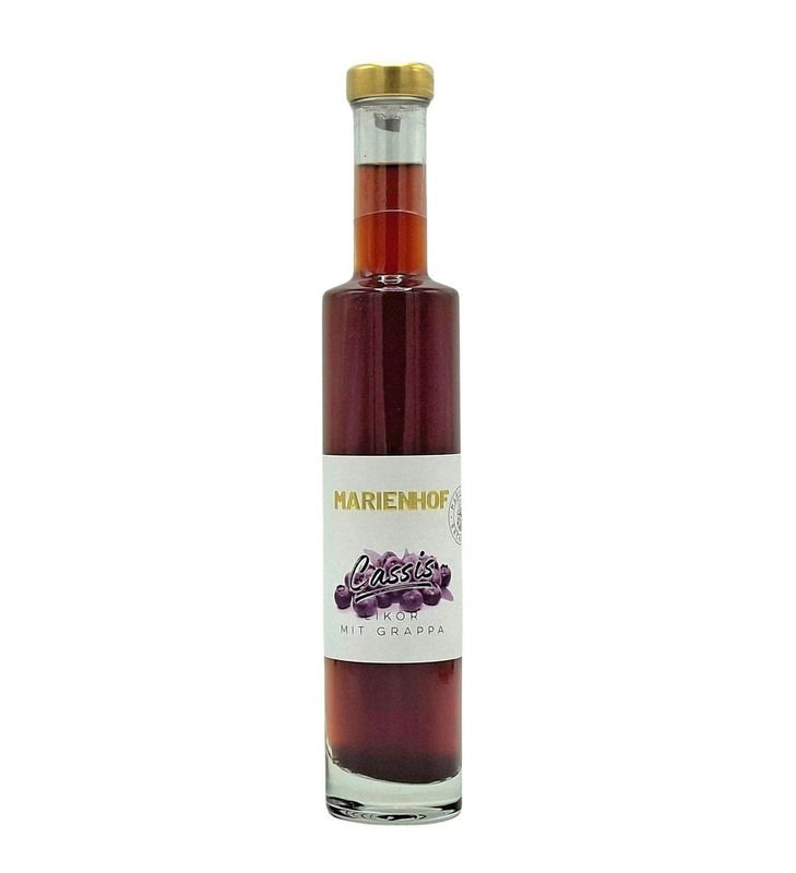 Marienhof Cassis Likör mit Grappa verfeinert 18 % Vol. 200 ml (54,75 €/ltr.) Marienhof Cassis Likör mit Grappa verfeinert 18 % Vol. 200 ml (54,75 €/ltr.)