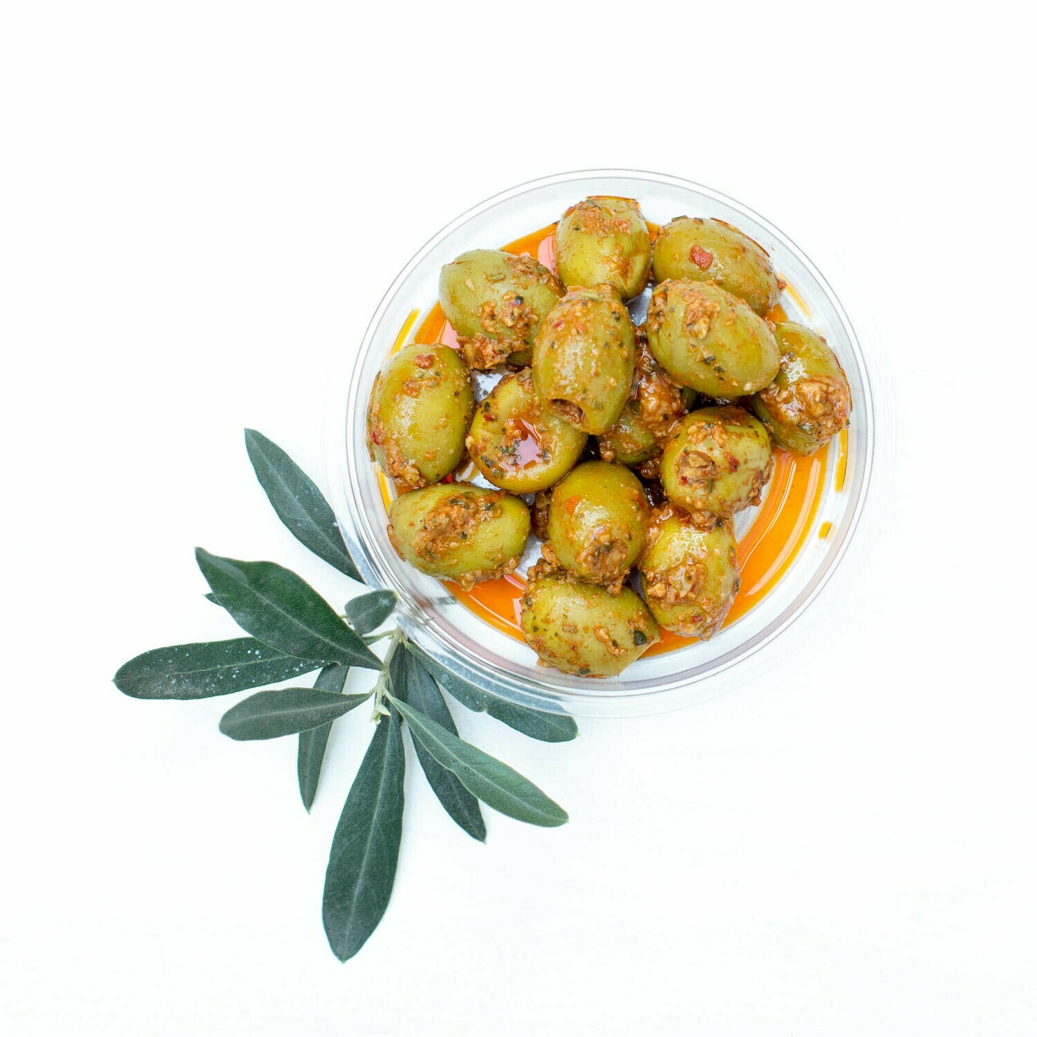Oliven in Mango-Senf-Chilli Marinade