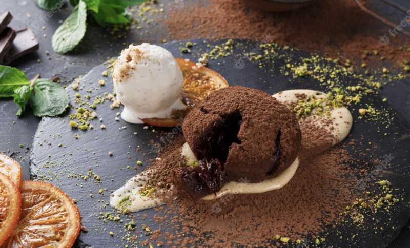 Brownie au chocolat, crème anglaise a la vanille