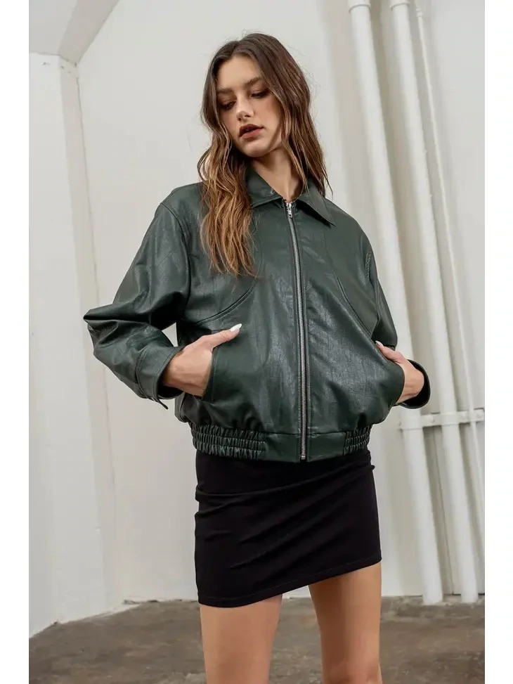 Moon River Leather Jacket Cropped Green