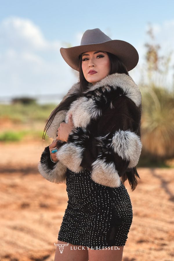 Lucky &amp; Blessed Ivory Black Marbled Faux Fur Statement Jacket
