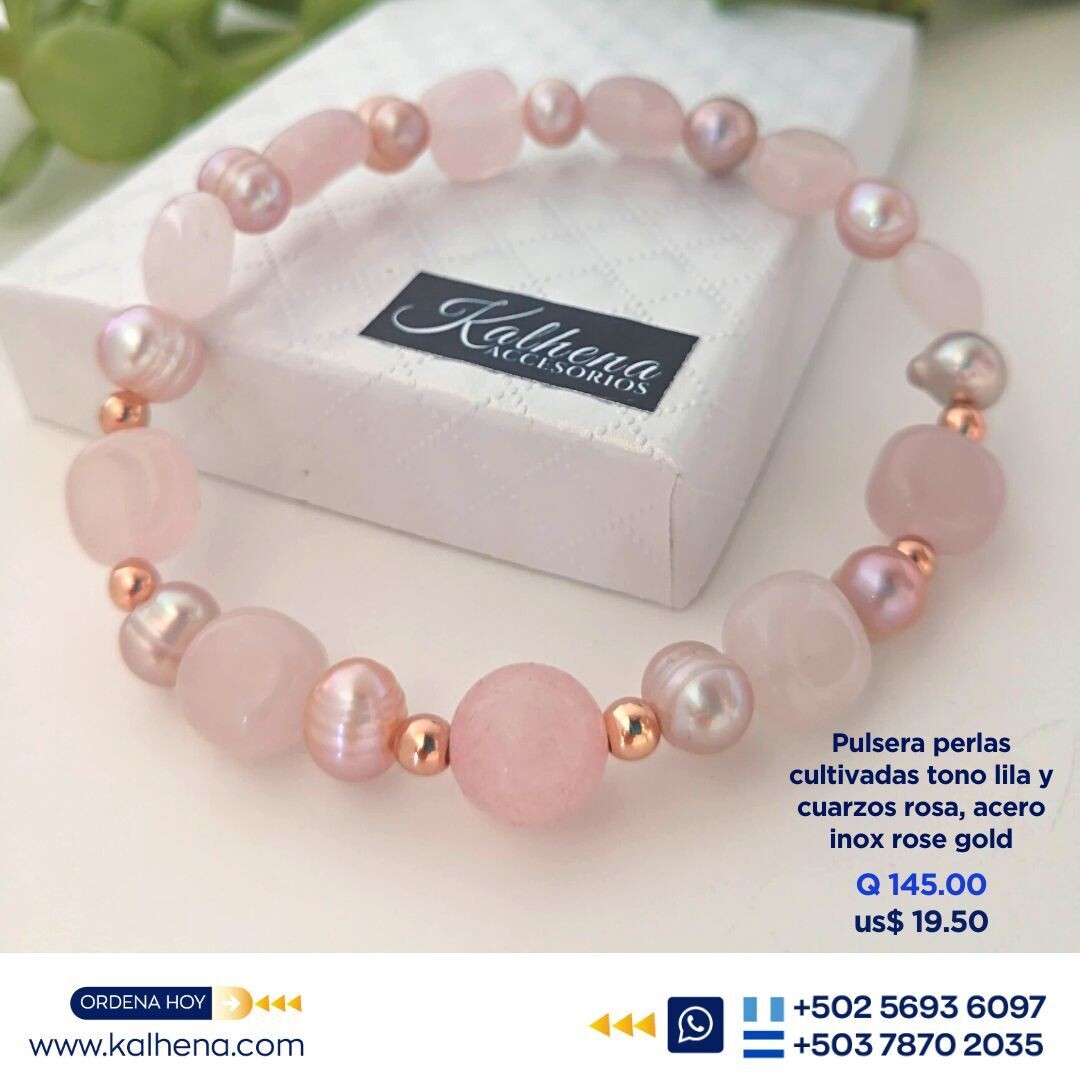 Pulsera Cuarzos Rosa, perlas cultivadas rosa