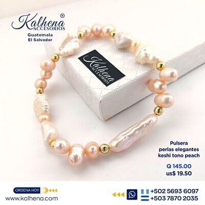 Pulsera elegantes perlas cultivadas keshi tono peach