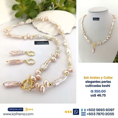 Collar y Aretes elegantes perlas keshi en broche navy