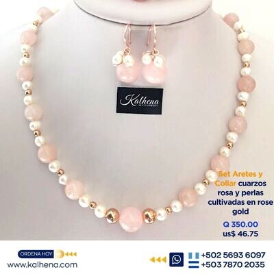 Collar perlas cultivadas y cuarzos rosa