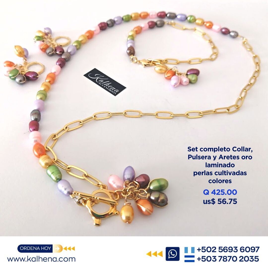 Set completo Collar, Aretes y pulsera perlas cultivadas colores