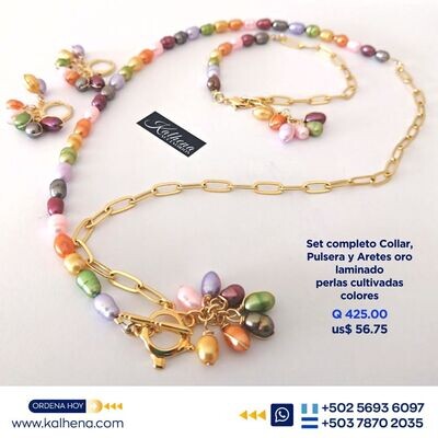 Set completo Collar, Aretes y pulsera perlas cultivadas colores