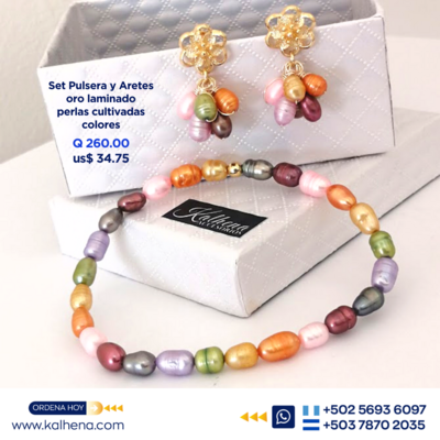 Set Pulsera cadena y Aretes perlas cultivadas colores vivos