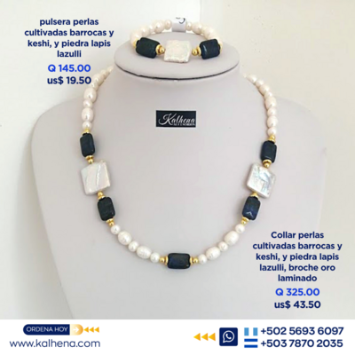 Collar perlas cultivadas, cuadradas keshi y lapislázuli