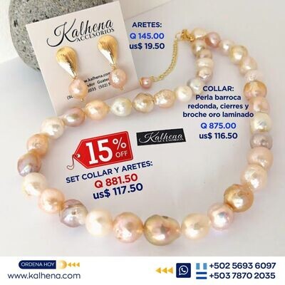 Collar y Aretes perlas cultivadas barrocas tonos ivory, peach y blanco