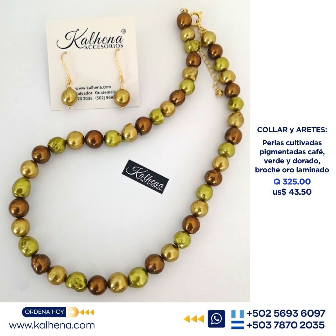 Collar y Aretes perlas cultivadas barrocas pigmentadas tonos café, dorado y verde