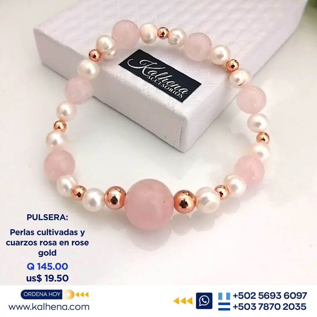 Pulsera Cuarzos Rosa, perlas cultivadas blancas