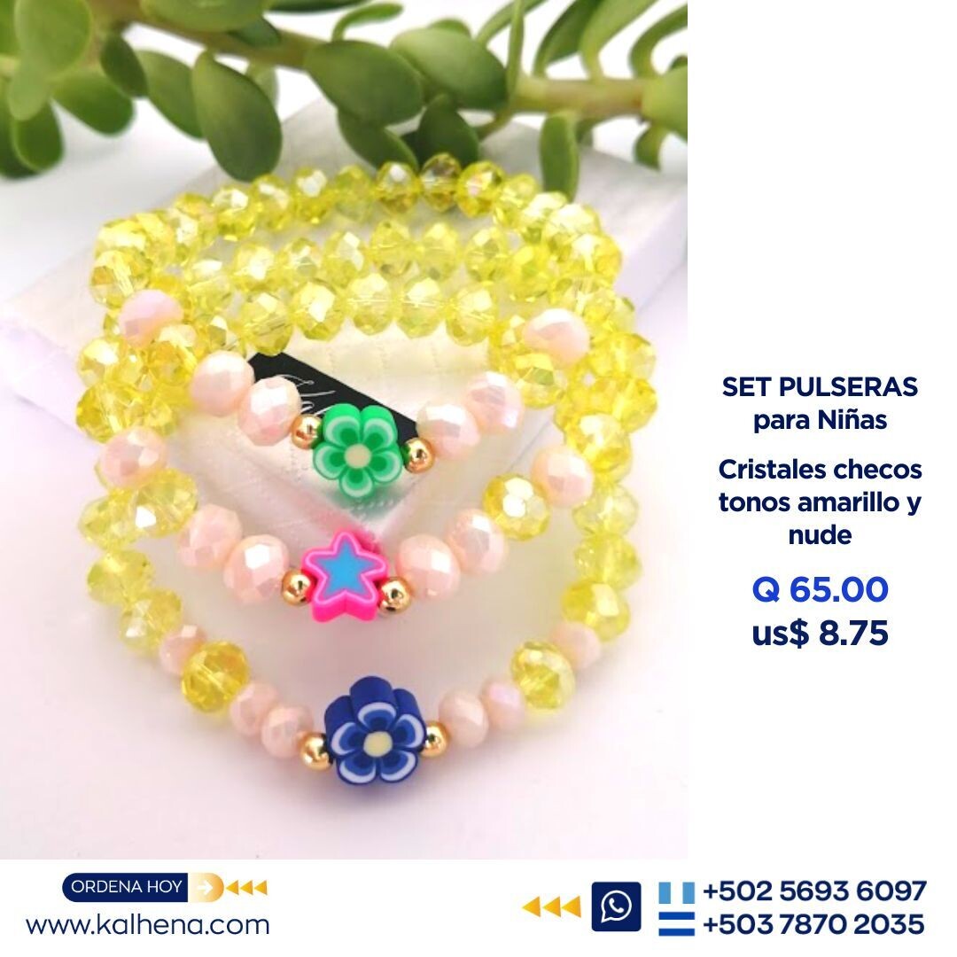 Set de 3 Pulseras para Niñas cristales tono verde y nude