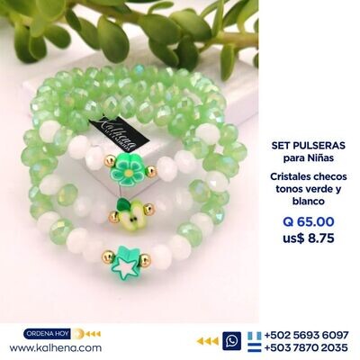 Set de 3 Pulseras para Niñas cristales tono verde y blanco